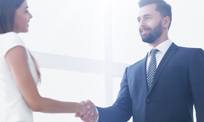Image of business partners handshaking in office