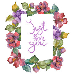 Red purple camelia floral botanical flower. Watercolor background illustration set. Frame border...