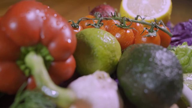 Tracking shot over fruits and vegetables.