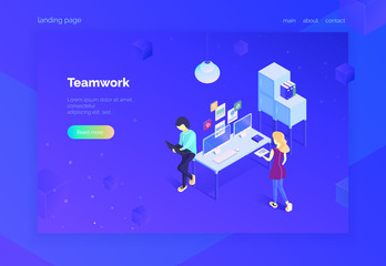 Teamwork. Landing page for web. A group of specialists interact with digital systems. Website design development. The working process. Modern vector illustration isometric style. Ultraviolet.