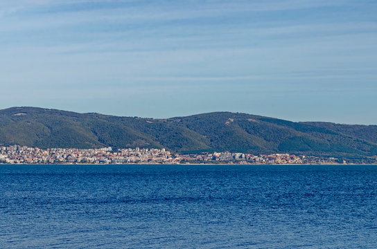 Seascape  of shore resort on the  Black Sea near by town Nessebar, Sveti Vlas, Elenite and mountain Balkan, Bulgaria, Europe