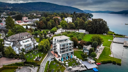 Aerial view of Velden Am Worthersee small town on beautiful lake Worthersee in Austria