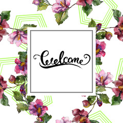 Red purple camelia floral botanical flower. Watercolor background illustration set. Frame border...