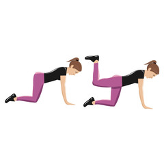 Obraz premium Illustrations of glute exercises and workouts. Illustrations of quadruped hip extensions. With shadows.