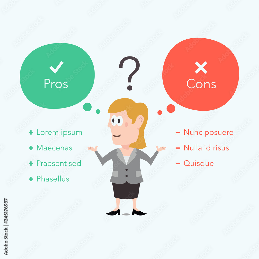 Aufkleber businesswoman thinks about pros and cons. easy to use for your website or presentation with place fo