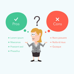 Businesswoman thinks about pros and cons. Easy to use for your website or presentation with place for your content.