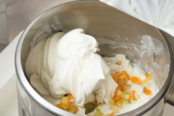 Preparation of icecream cassata tipical of Sicily, Italy, with candied and pistachio