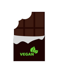 Vector flat illustration of bitten vegan dark chocolate bar isolated on a white background. Vegan logo on the chocolate wrapper.