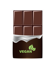 Vector realistic illustration of unpacked cocoa bitten vegan dark chocolate bar isolated on a white background. Vegan logo on the chocolate wrapper.
