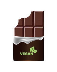 Vector realistic illustration of unpacked cocoa bitten vegan dark chocolate bar isolated on a white background. Vegan logo on the chocolate wrapper.