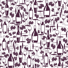 Wine seamless pattern. Wine bottles, wine glasses, grape leaves and corkscrew, hand-drawn on white background. Vector model for decor of restaurant, cafe, wine card, packaging paper, etc.  