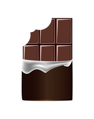 Vector realistic illustration of unpacked bitten cocoa dark chocolate bar isolated on a white background.