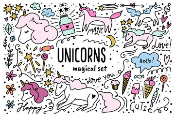Set of vector beautiful cute unicorns with decor elements.