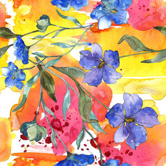 Blue purple flax floral botanical flower. Watercolor background illustration set. Seamless background pattern.