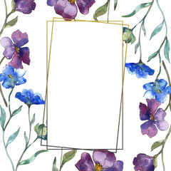 Blue purple flax floral botanical flower. Watercolor background illustration set. Frame border ornament square.