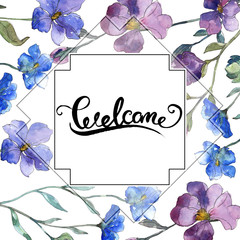 Blue purple flax floral botanical flower. Watercolor background illustration set. Frame border...