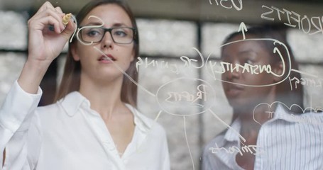 4K Professional females in business startup, writing notes on glass & brainstorming