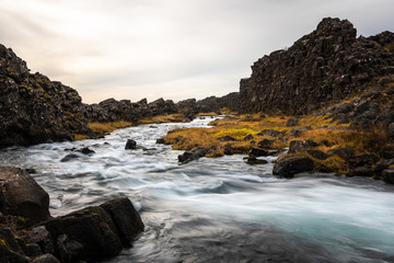 Rapids along a Creek Running Through Volcanic Rocks in Iceland on an Overcast Fall Day