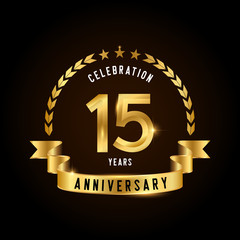 15 years anniversary celebration logotype. Golden anniversary emblem with ribbon. Design for booklet, leaflet, magazine, brochure, poster, web, invitation or greeting card.