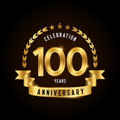 100 years anniversary celebration logotype. Golden anniversary emblem with ribbon. Design for booklet, leaflet, magazine, brochure, poster, web, invitation or greeting card.