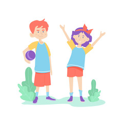 Two children football players in uniform with a ball, are engaged in sports