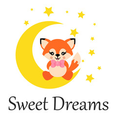 cartoon cute fox with tie sits on the moon with text