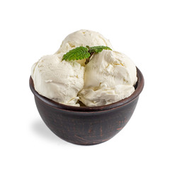 Bowl of vanilla ice cream isolated on white background