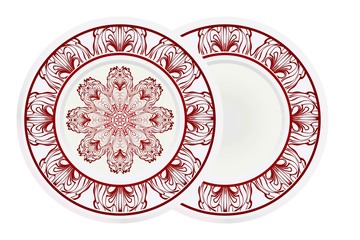 Set of 2 matching decorative plates for interior design. Tribal ethnic ornament with mandala. Home decor vector illustration.