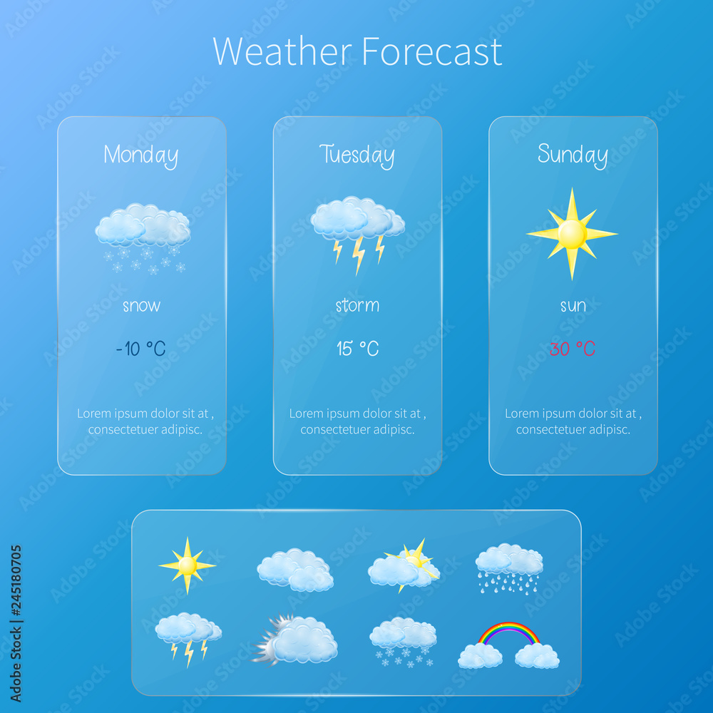 Wall mural transparent user interface - weather forecast template with set of glossy and detailed icons.