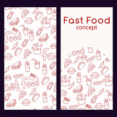 Vector logo design template and seamless pattern in doodle style for packaging. Fast food concept. Vector illustration.