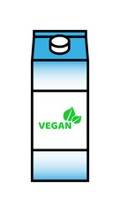 Vector icon of vegan milk isolated on a white background. Plant based non dairy alternative. Symbol of carton box with screw cap and with label where is vegan logo.