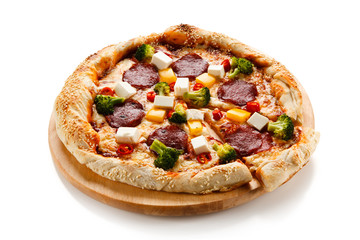 Pizza with salmi and feta cheese and vegetables on white background