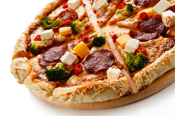 Pizza with salmi and feta cheese and vegetables on white background