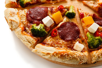 Pizza with salmi and feta cheese and vegetables on white background
