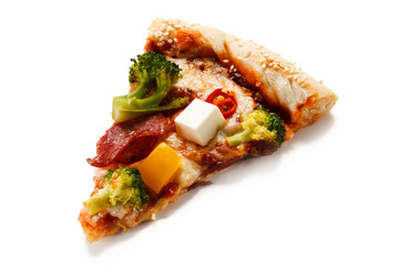 Piece of pizza with salmi and feta cheese and vegetables on white background