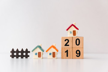 Miniature colorful house with wooden block year 2019 using as property development concept