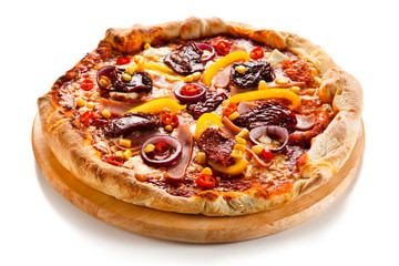 Pizza with ham, corn, mushrooms and dried tomatoes on white background