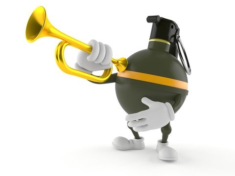Hand grenade character playing the trumpet