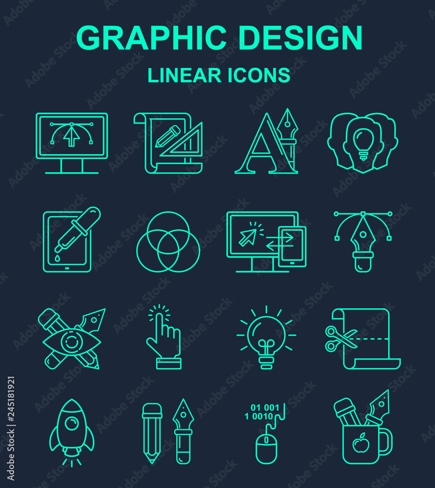 Poster vector graphic design pattern with linear icons. line style designer background with place for text.