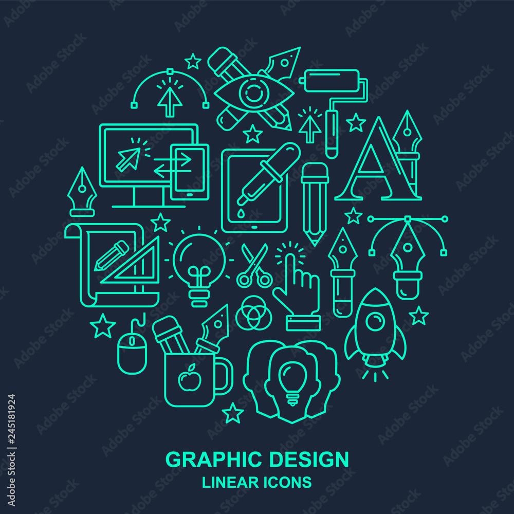 Poster vector graphic design pattern with linear icons. line style designer background with place for text.