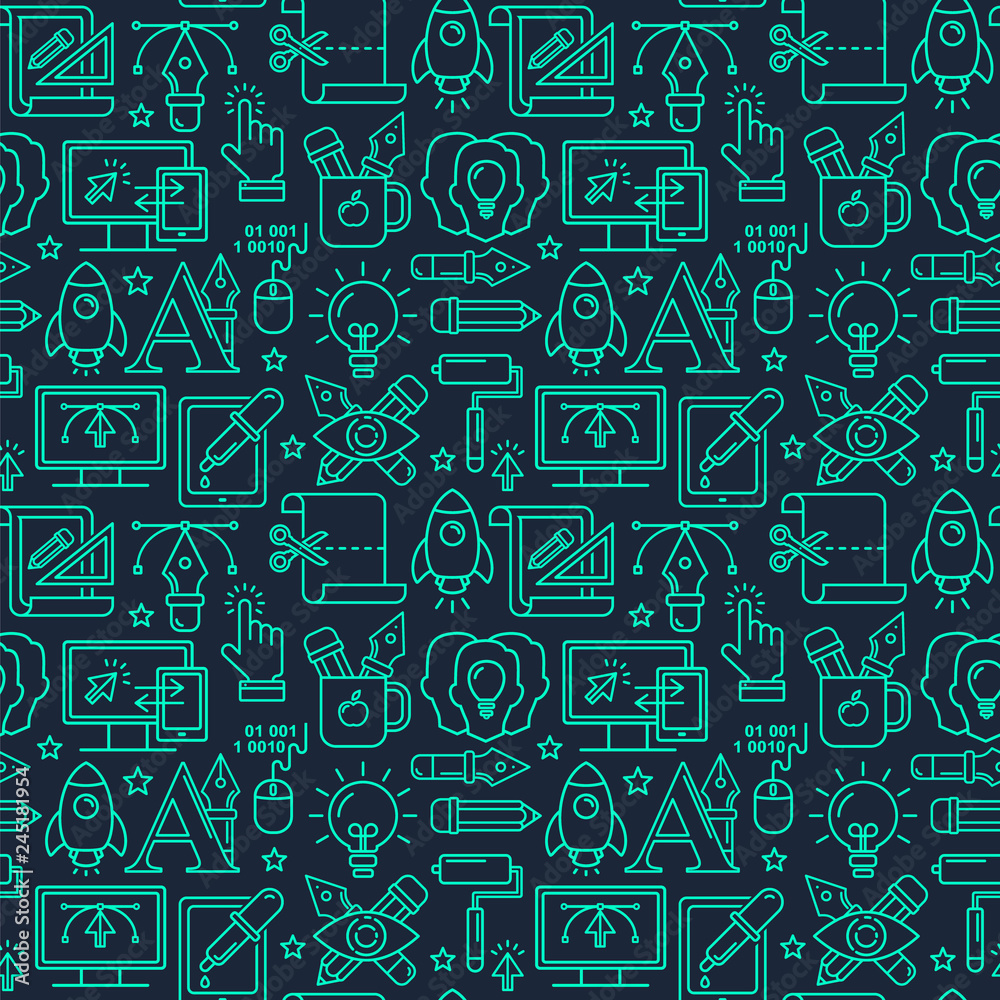 Fototapete vector graphic design seamless pattern with linear icons. line style designer background with place 