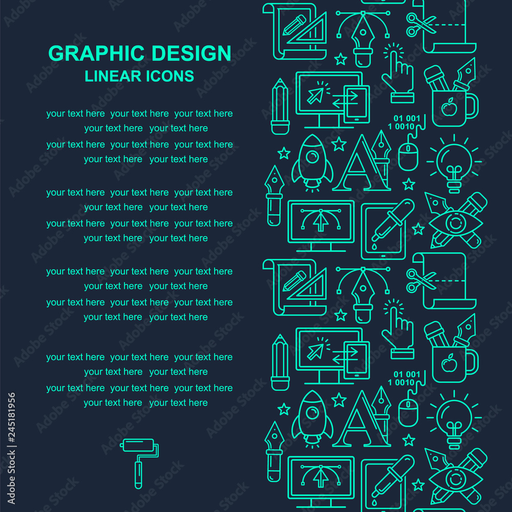 Poster vector graphic design pattern with linear icons. line style designer background with place for text.