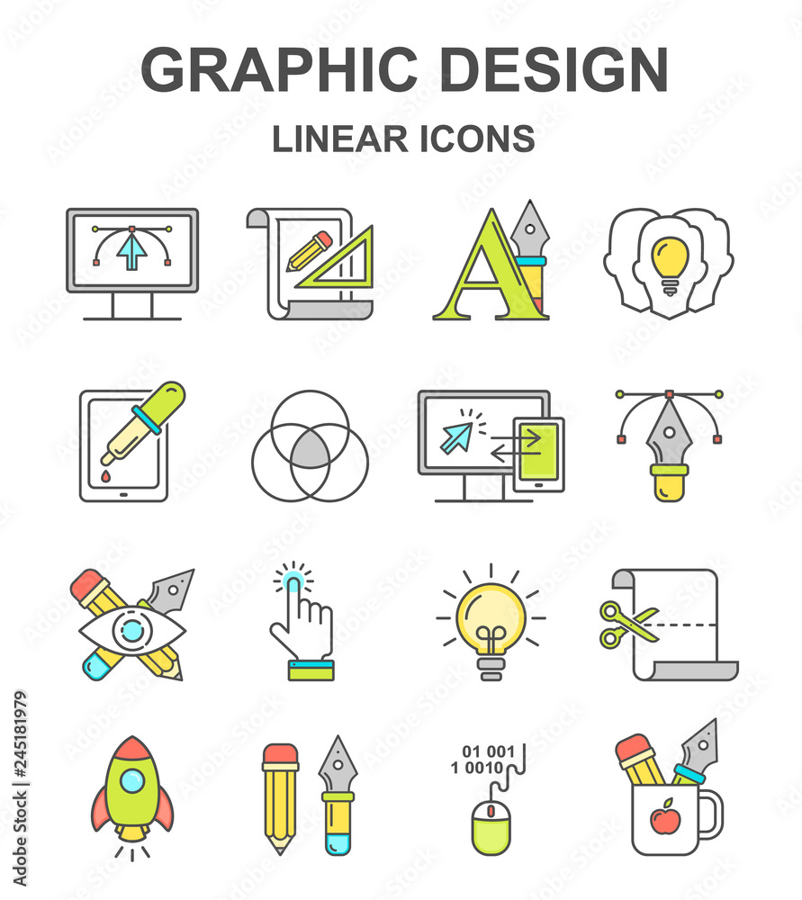 Fototapete Vector graphic design pattern with linear icons. Line style designer background with place for text.  Graphic design education and learning.