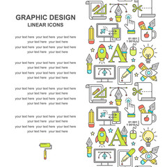 Vector graphic design pattern with linear icons. Line style designer background with place for text.  Graphic design education and learning.