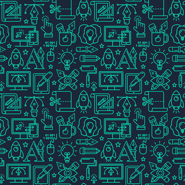 Vector graphic design seamless pattern with linear icons. Line style designer background with place for text.  Graphic design education and learning.