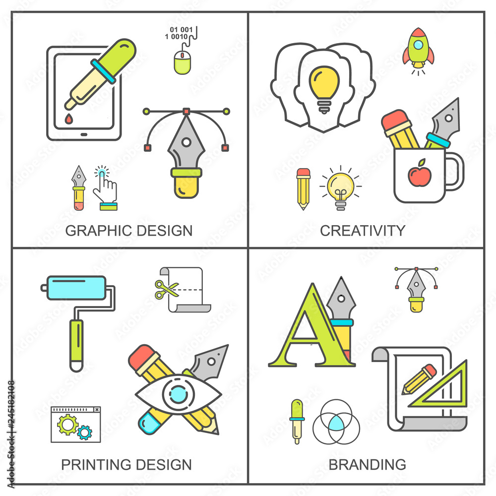 Aufkleber vector graphic design pattern with linear icons. line style designer background with place for text.