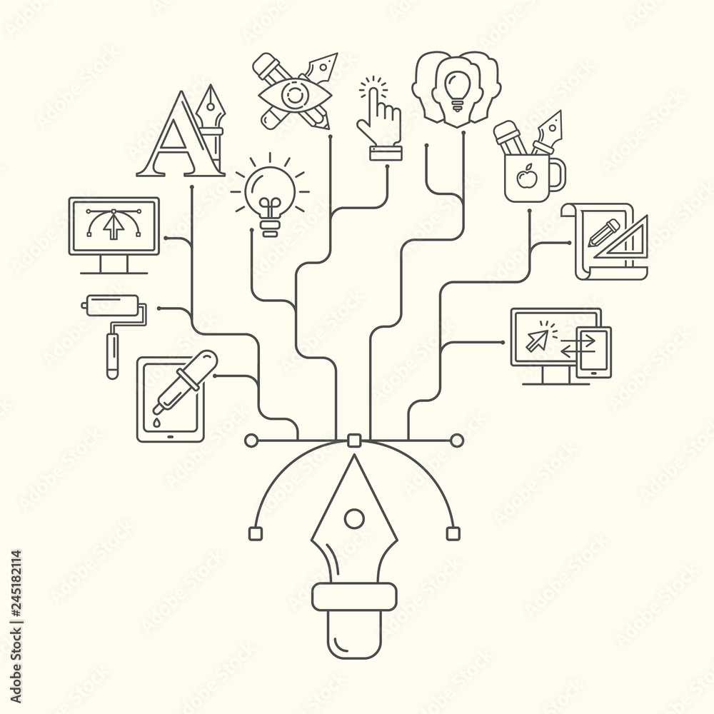 Poster vector graphic design pattern with linear icons. line style designer background with place for text.