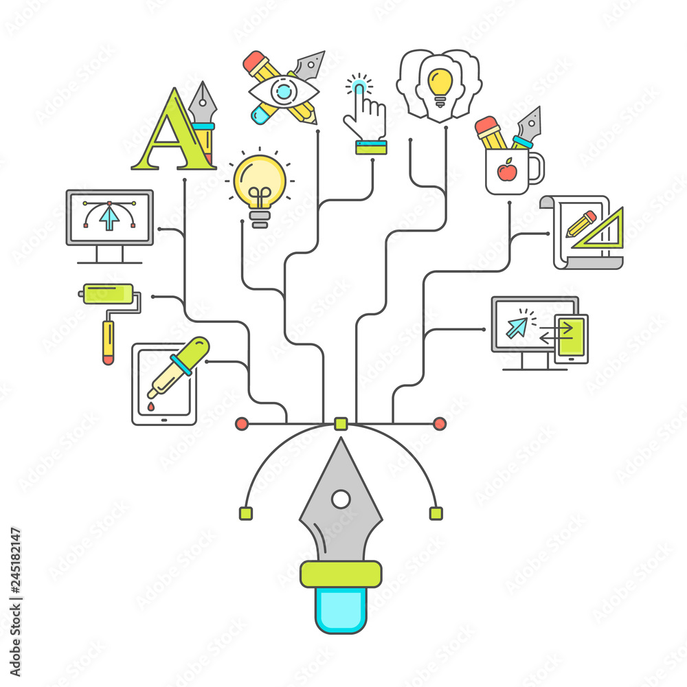 Fototapete Vector graphic design pattern with linear icons. Line style designer background with place for text.  Graphic design education and learning.