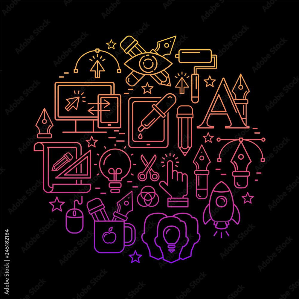 Poster vector graphic design pattern with linear icons. line style designer background with place for text.