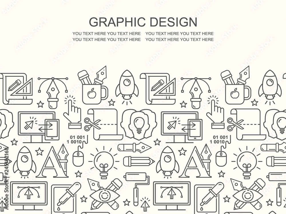 Fototapete vector graphic design seamless pattern with linear icons. line style designer background with place 